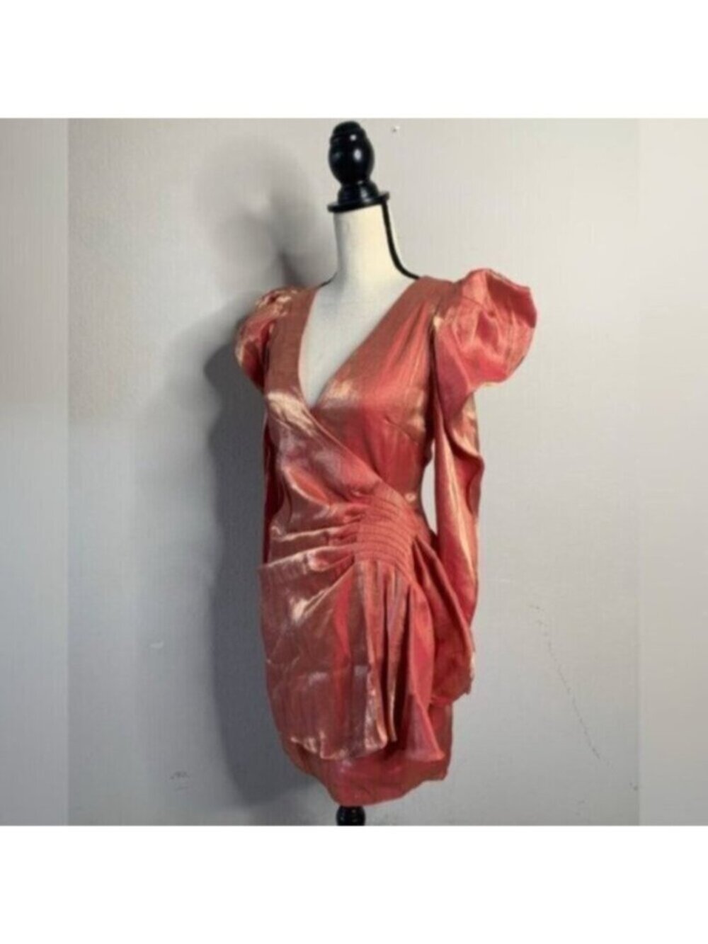 Elliatt Metallic Copper Gold Puff Shoulder Long Sleeve Wrap Mini Dress - Picture 5 of 15